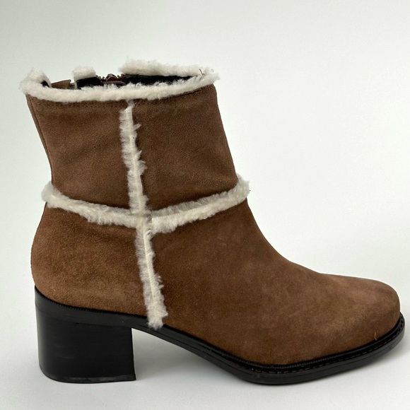 BROWN SUEDE LEATHER SHEARLING SHORT BOOTS by Markon Zipped with Heel Size- 9 1/2 - Picture 8 of 13